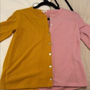 DONNI. Two-Tone Pink and Gold Button-Down Sweater